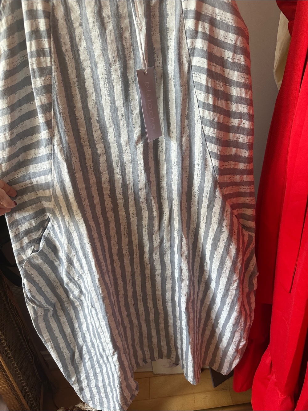 Pistache Striped Tie-Shoulder Linen Tank Dress - Grey & White L/XL - Picture 5 of 6